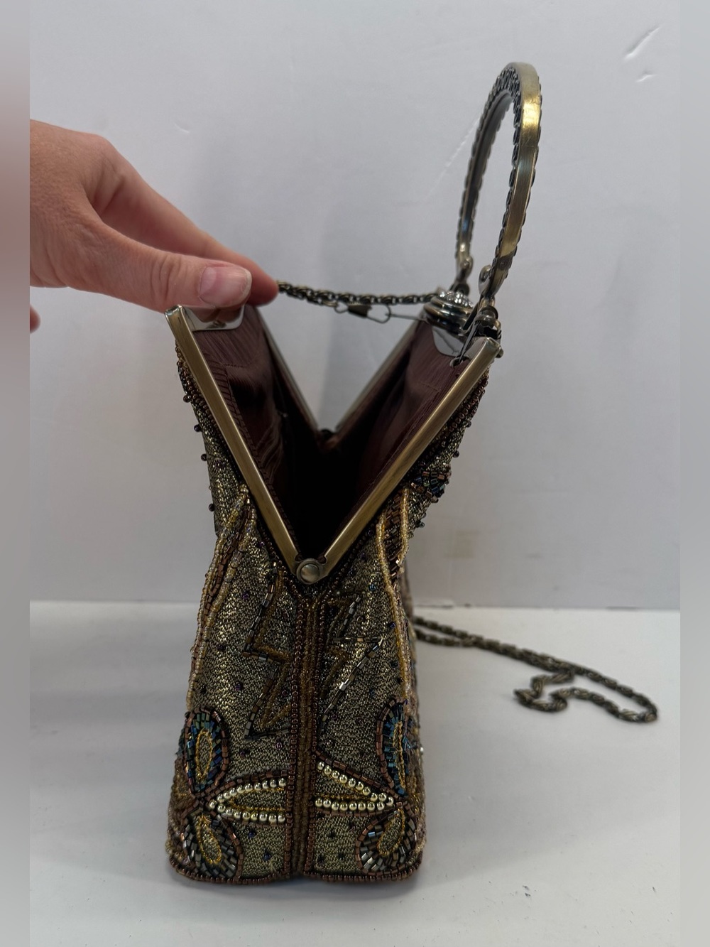 Vintage Fully Beaded Owl Metallic Gold Evening Clutch with Decorative Handle - Picture 14 of 16